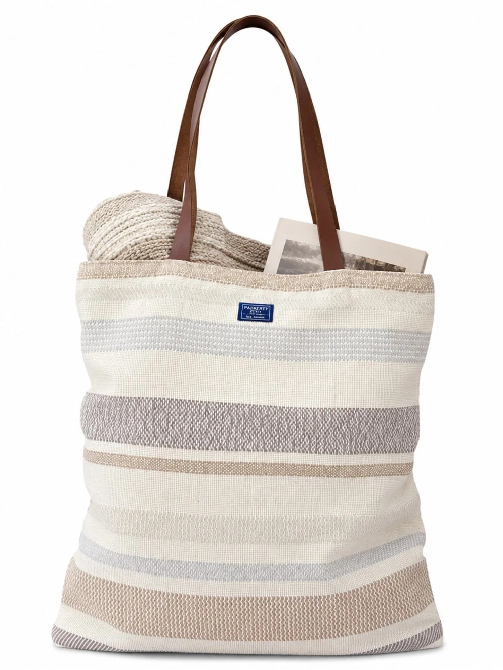 Vtg Faribault Woolen Mills Wool Tote Bag MADE IN USA Leather Straps Blue Cream - Picture 2 of 8